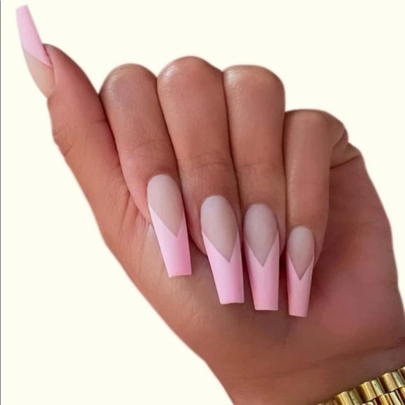 Pink French Coffin Long Press On Nails - Picture 1 of 10